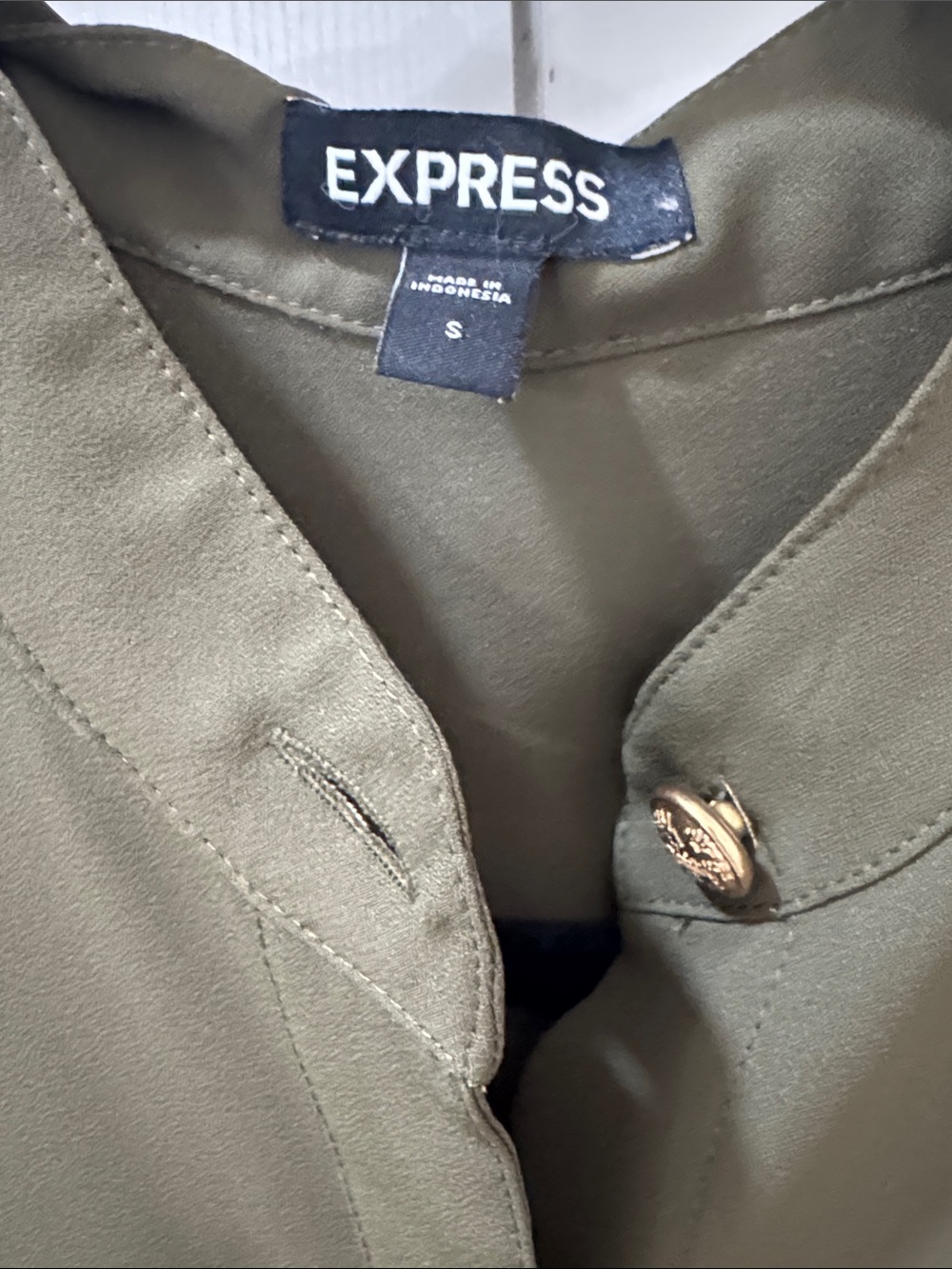 Express Olive Green Tie-Neck Blouse with Gold Buttons - Picture 5 of 5